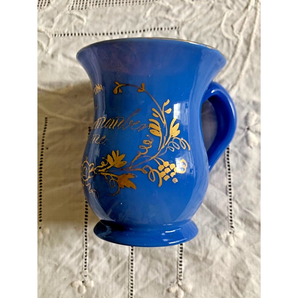 19th C Blue Opaline Bristol Glass Hand Painted Flowers “Remember Me" Mug